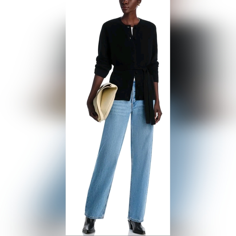 C by Bloomingdale 100% Cashmere Cardigan Belt Sweater Black Size Large NEW